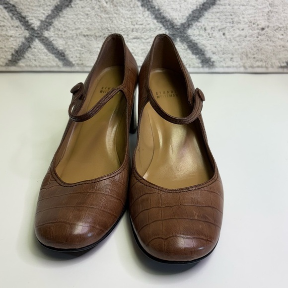 Stuart Weitzman Women’s 9 Brown Alligator Mary Jane Block Heel Faux Button Shoes - Picture 2 of 10